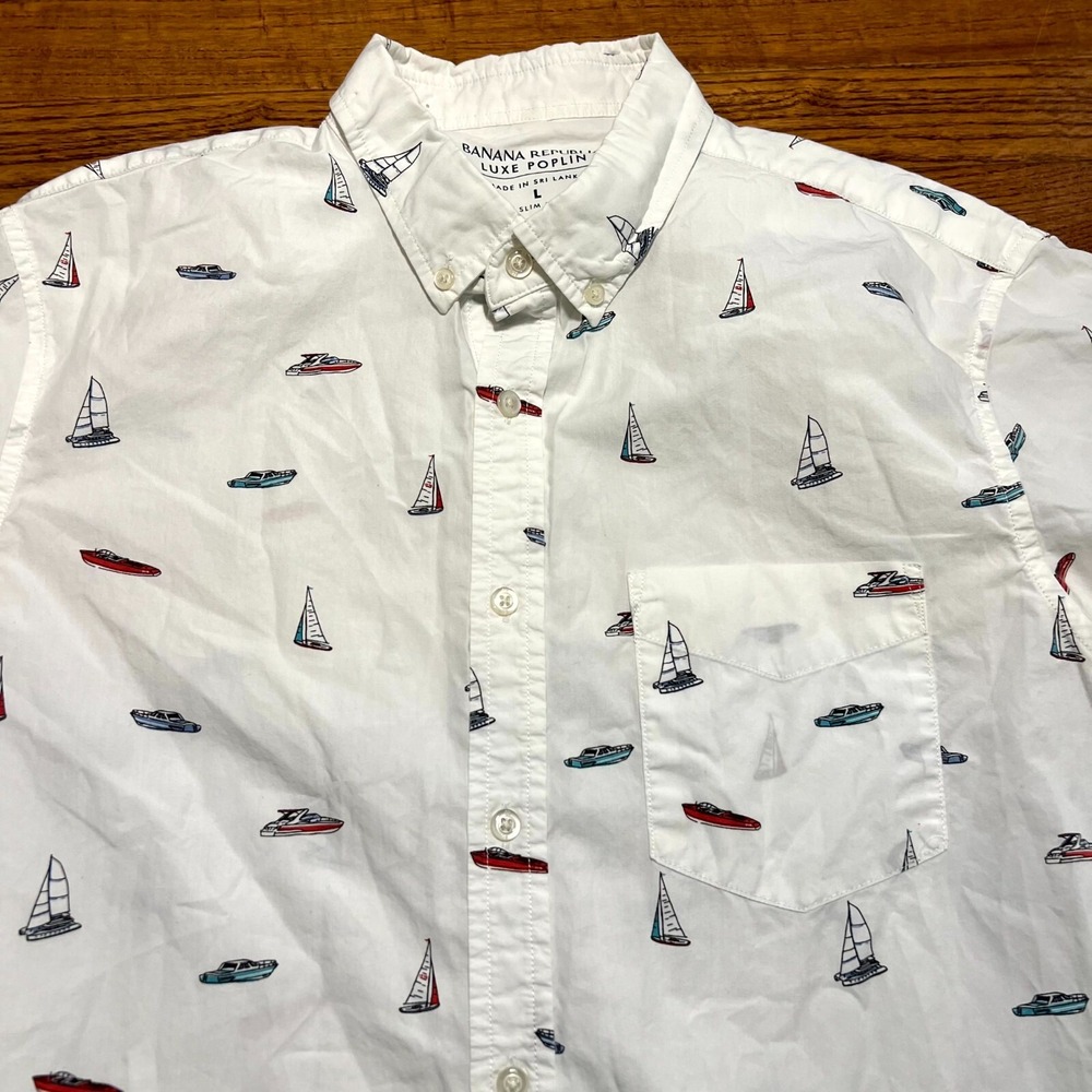 Banana Republic Shirt Mens Large White Slim Sailboat AOP Print Luxe Poplin Tops